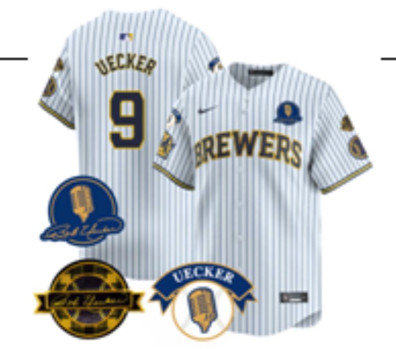 Men Nike 2025 Milwaukee Brewers #9 Uecker white stripe Game MLB Jersey 001->milwaukee brewers->MLB Jersey